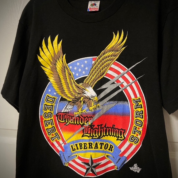 Vintage 90s Desert Storm Thunder Lightning Liberator Eagle Single Stitch Tee - Picture 1 of 7